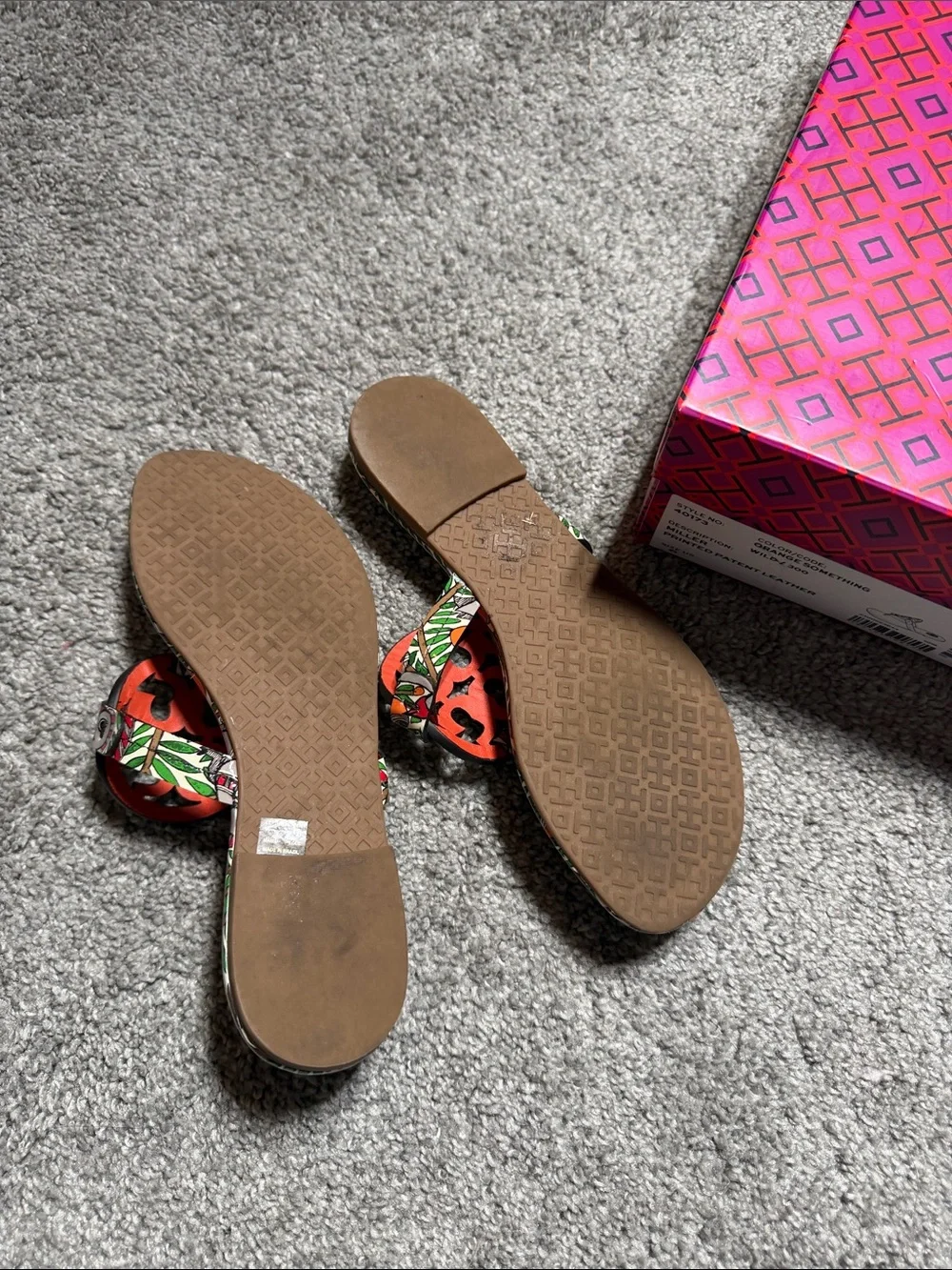 Tory Burch Tropical Print Leather Miller Sandals in Green, Blue & Orange